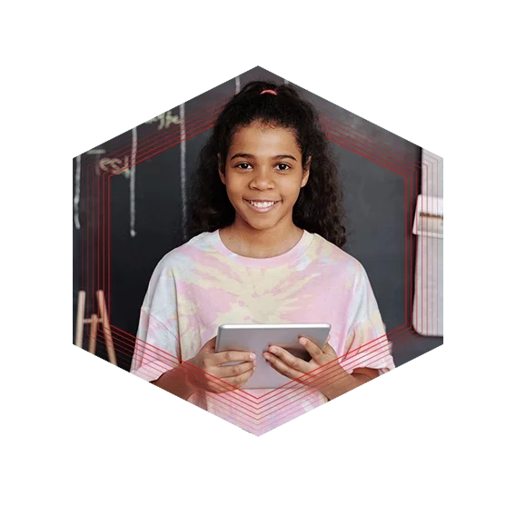 Smiling girl holding an iPad